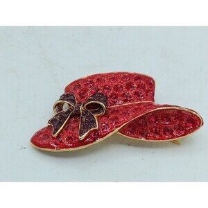 Rhinestone Red Hat Society Brooch Pin Red w/ Purple Ribbon & Flower Vtg
